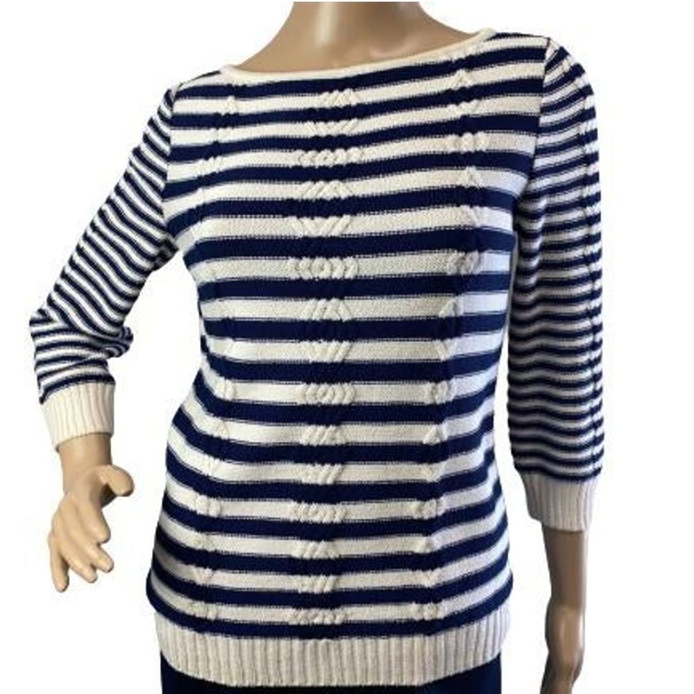 Vtg St John Knit Blue Cream Striped Wool Sweater P